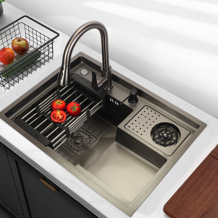 Single Bowl Stainless Steel Kitchen Sink with Drying Basket & Cup Washer &  Faucet